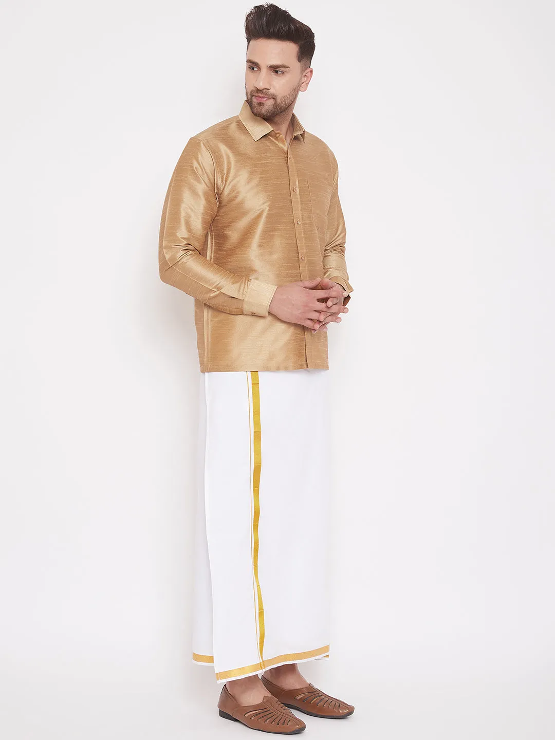 Men's Rose Gold And White Silk Blend Shirt And Mundu - Vastramay