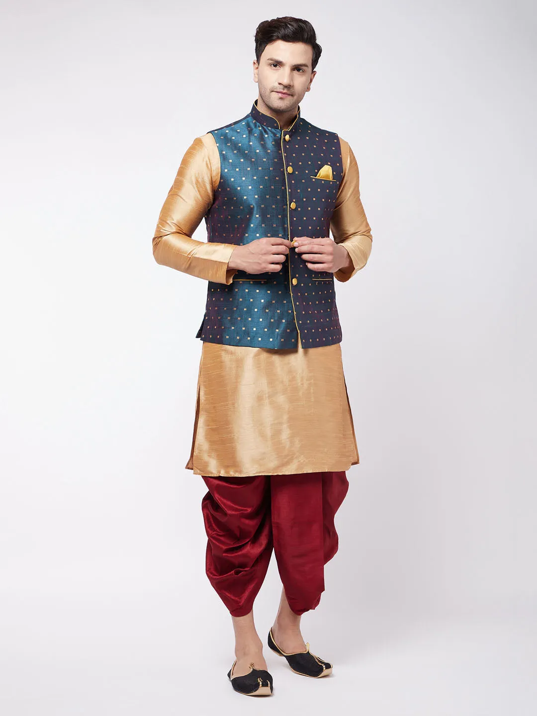 Men's Rose Gold,Blue And Maroon Silk Blend Jacket, Kurta And Dhoti Set - Vastramay