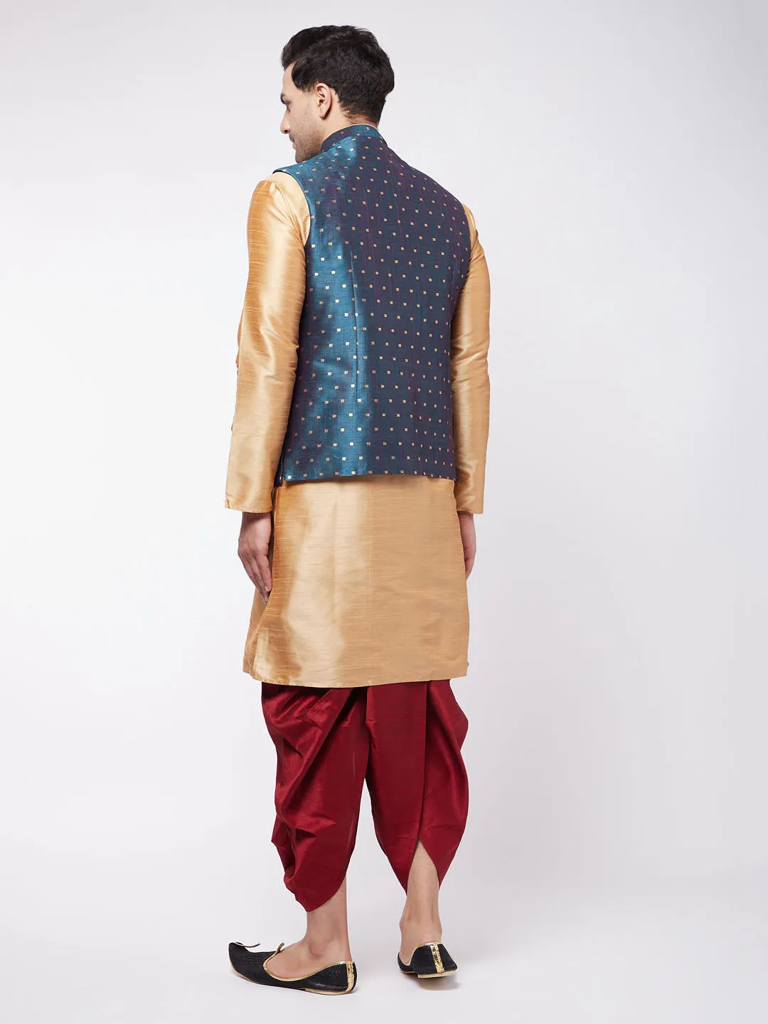 Men's Rose Gold,Blue And Maroon Silk Blend Jacket, Kurta And Dhoti Set - Vastramay