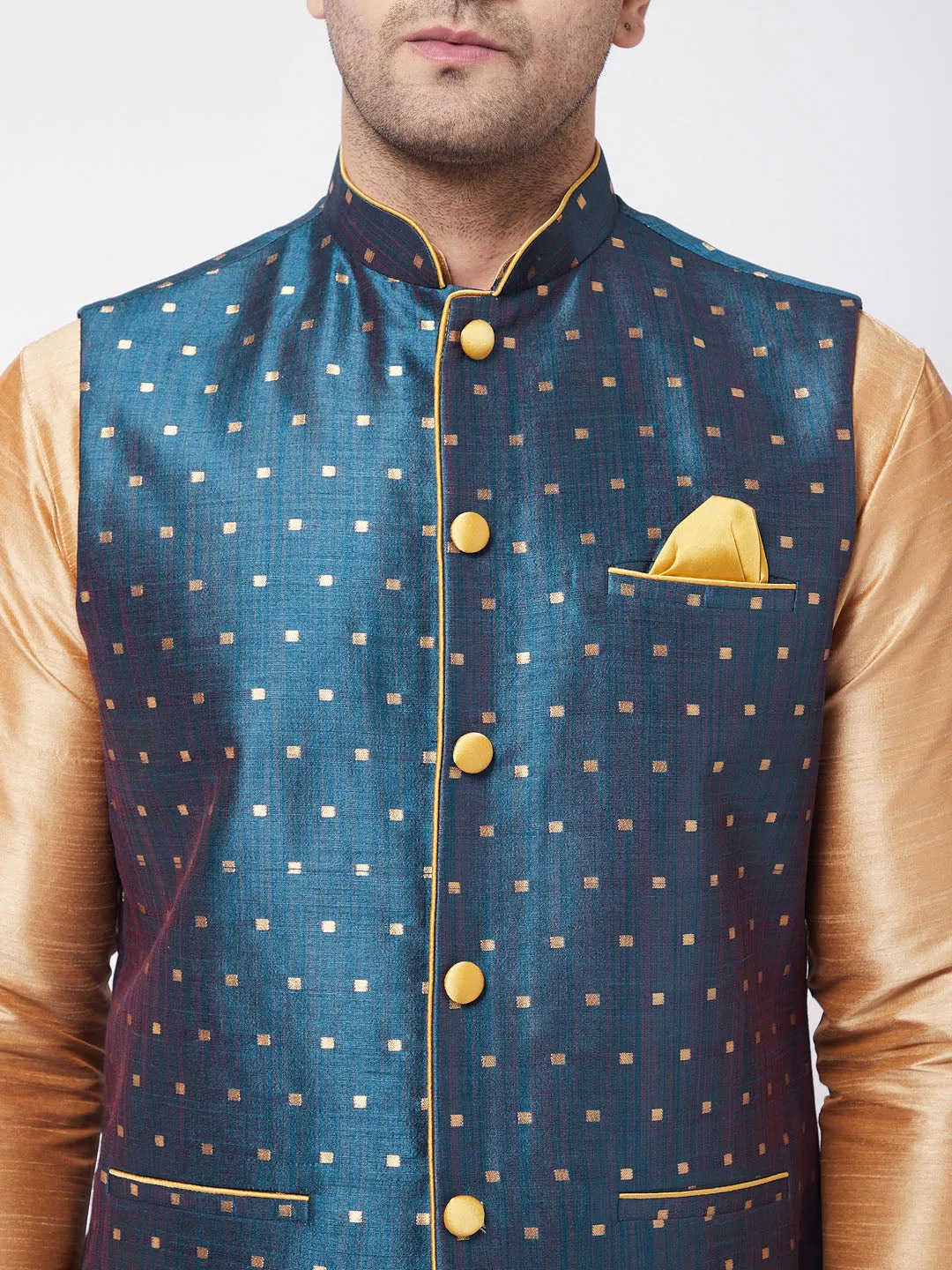 Men's Rose Gold,Blue And Maroon Silk Blend Jacket, Kurta And Dhoti Set - Vastramay