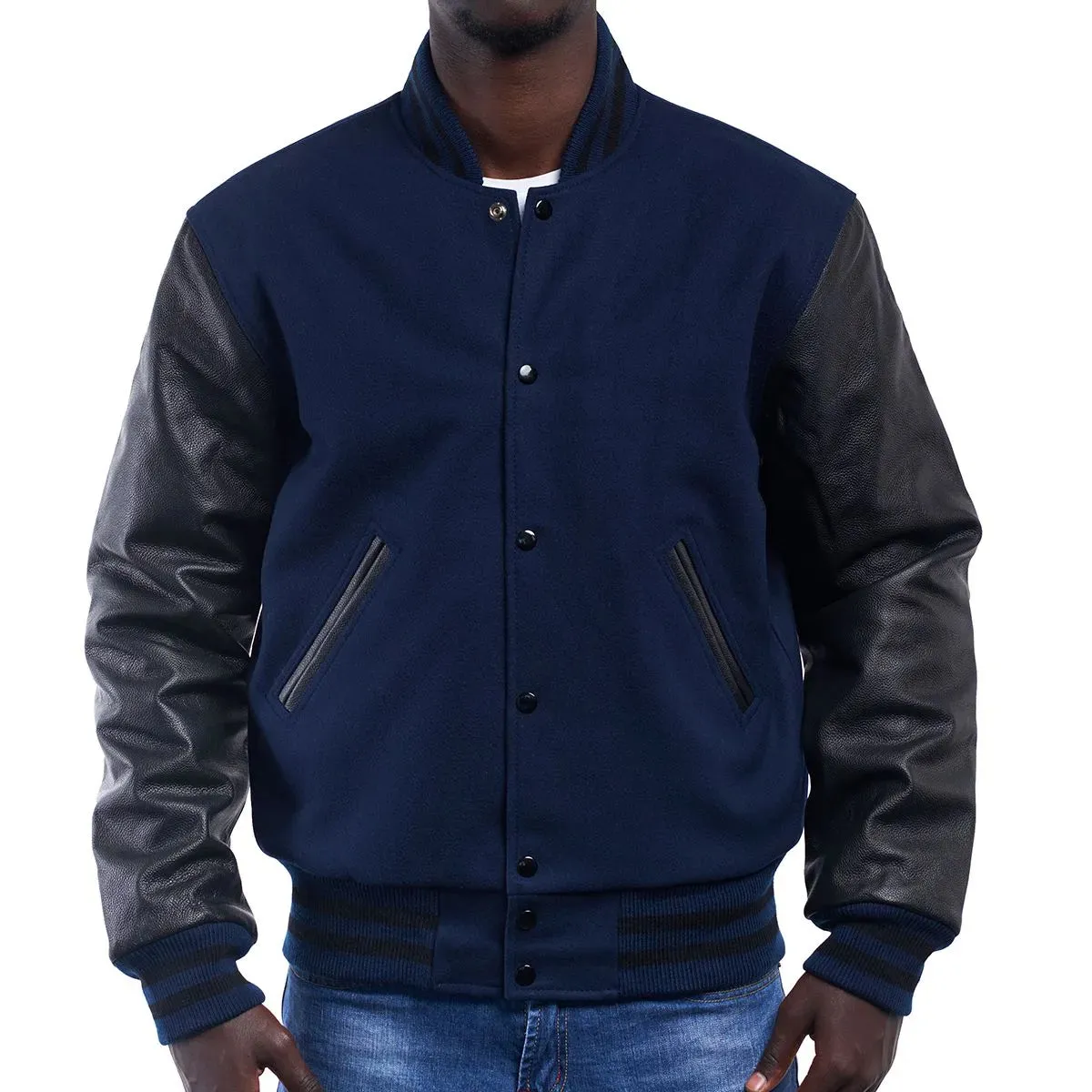 Mens Royal Blue And Black Leather Varsity Jacket