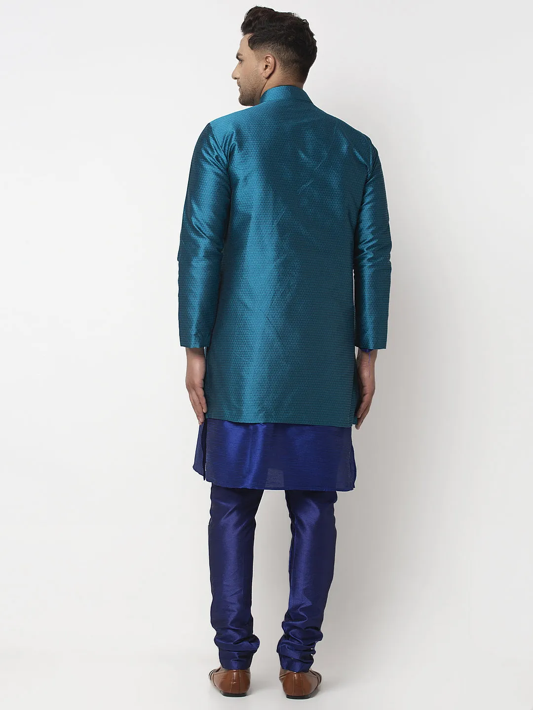 Men's Royal Blue Kurta With Pyjama & Peacock Blue Self Design Jacket - Benstoke