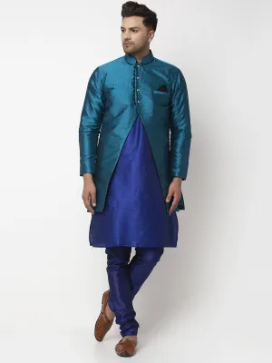 Men's Royal Blue Kurta With Pyjama & Peacock Blue Self Design Jacket - Benstoke