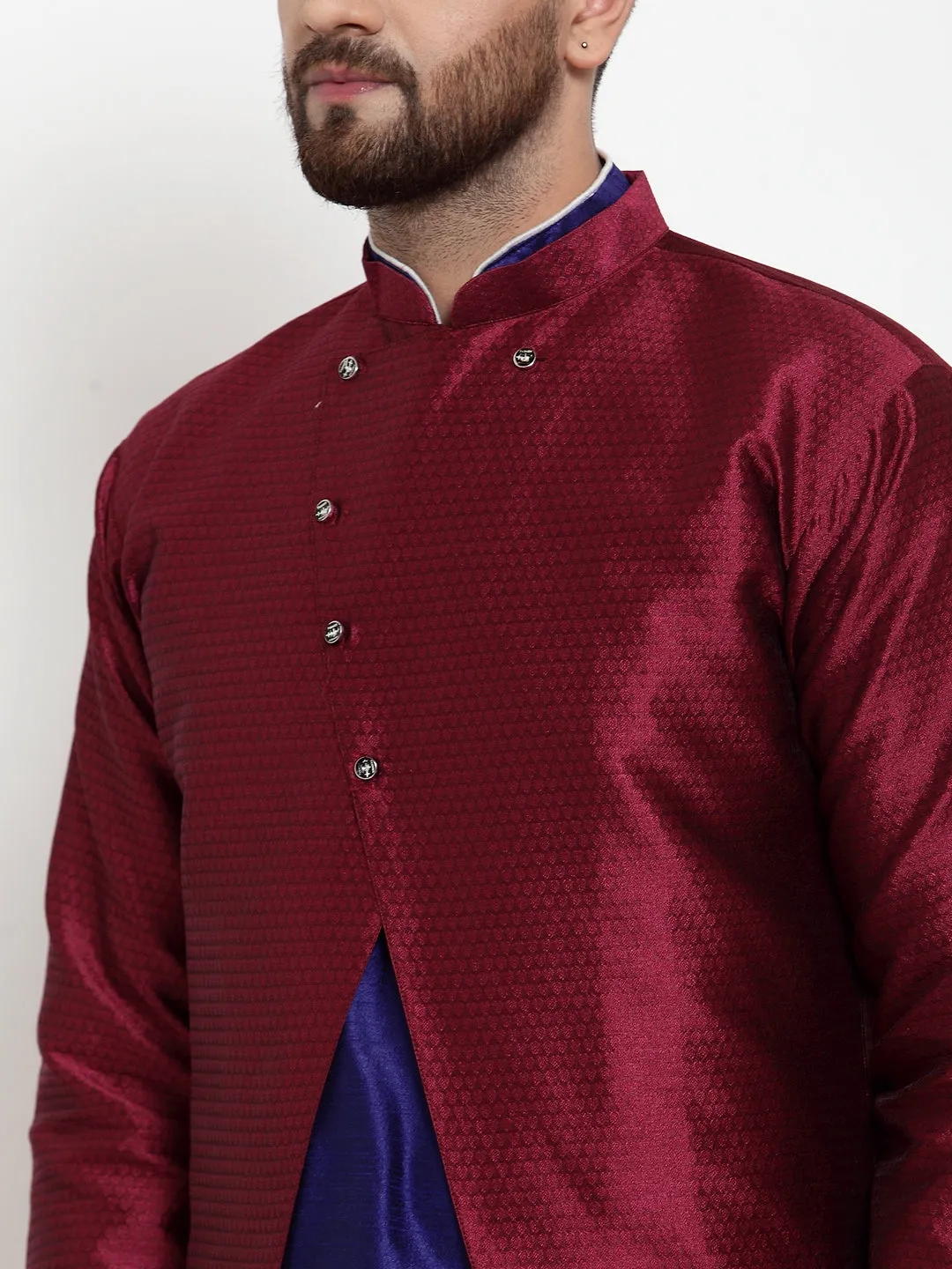 Men's Royal Blue Kurta With Pyjama & Wine Self Design Jacket - Benstoke