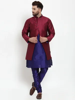 Men's Royal Blue Kurta With Pyjama & Wine Self Design Jacket - Benstoke