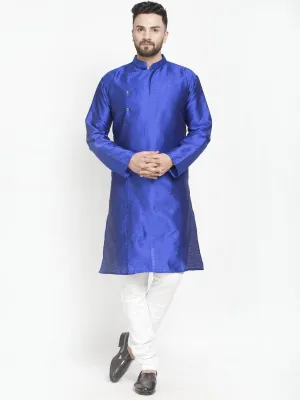 Men's Royal Blue Self Design Kurta With White Churidaar Pyjama - Benstoke