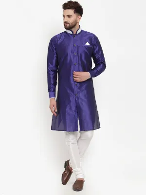 Men's Royal Blue Solid Kurta With White Churidaar Pyjama Set - Benstoke