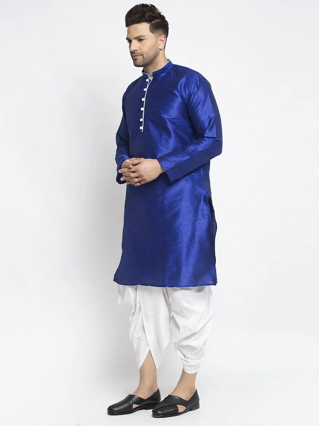 Men's Royal Blue Solid Kurta With White Dhoti Pant - Benstoke