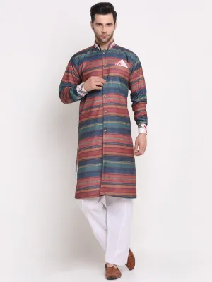 Men's Rust & Navy Blue Printed Kurta With White Pyjamas Set - Benstoke