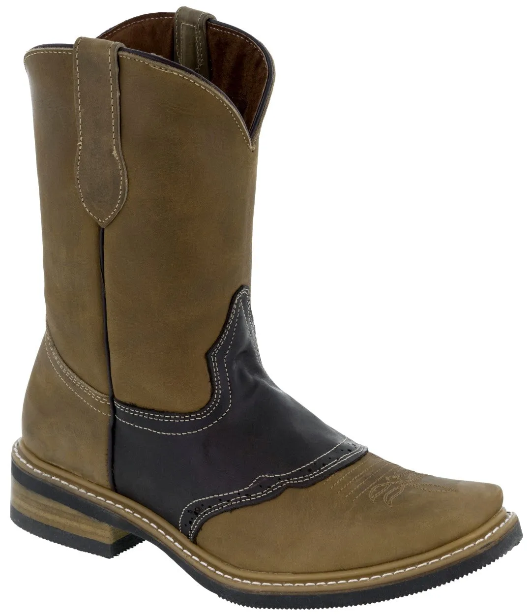 Mens Sand & Brown Cowboy Boots Leather Western Square Toe