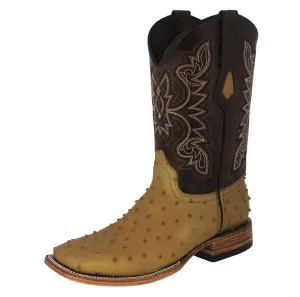 Mens Sand Cowboy Boots Ostrich Quill Print Leather - Square Toe