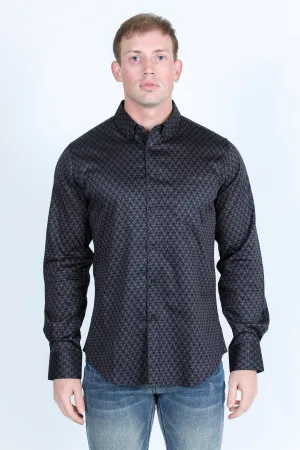 Mens Satin Cotton/Spandex Modern Fit Long Sleeve Shirt - Black