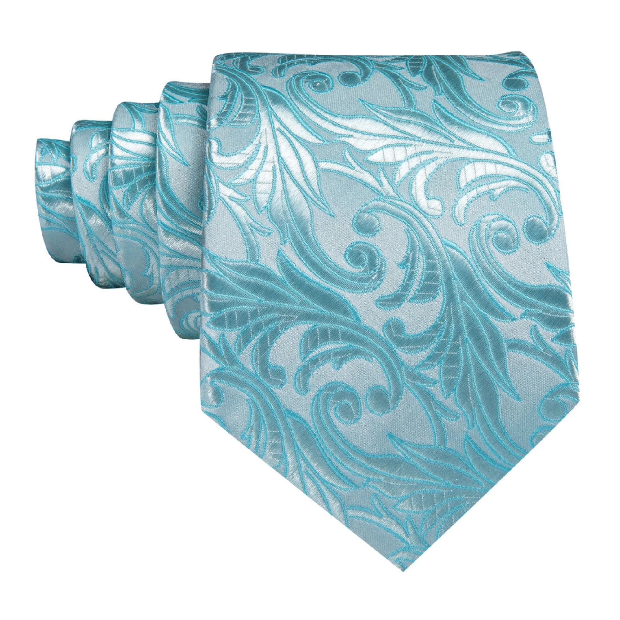 Men's Sea Foam Blue Floral 100% Silk Neck Tie With Matching Hanky And Cufflinks Set