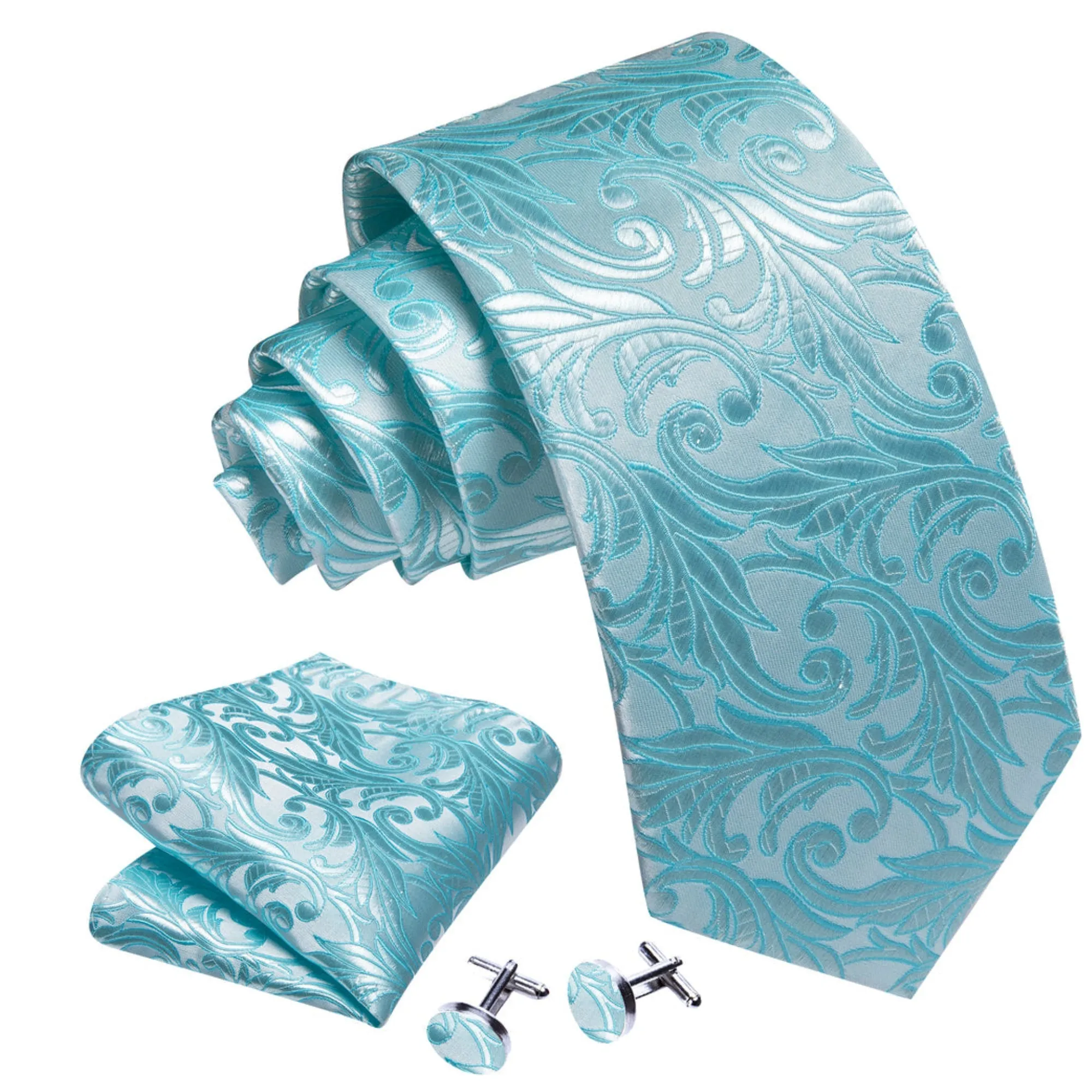 Men's Sea Foam Blue Floral 100% Silk Neck Tie With Matching Hanky And Cufflinks Set