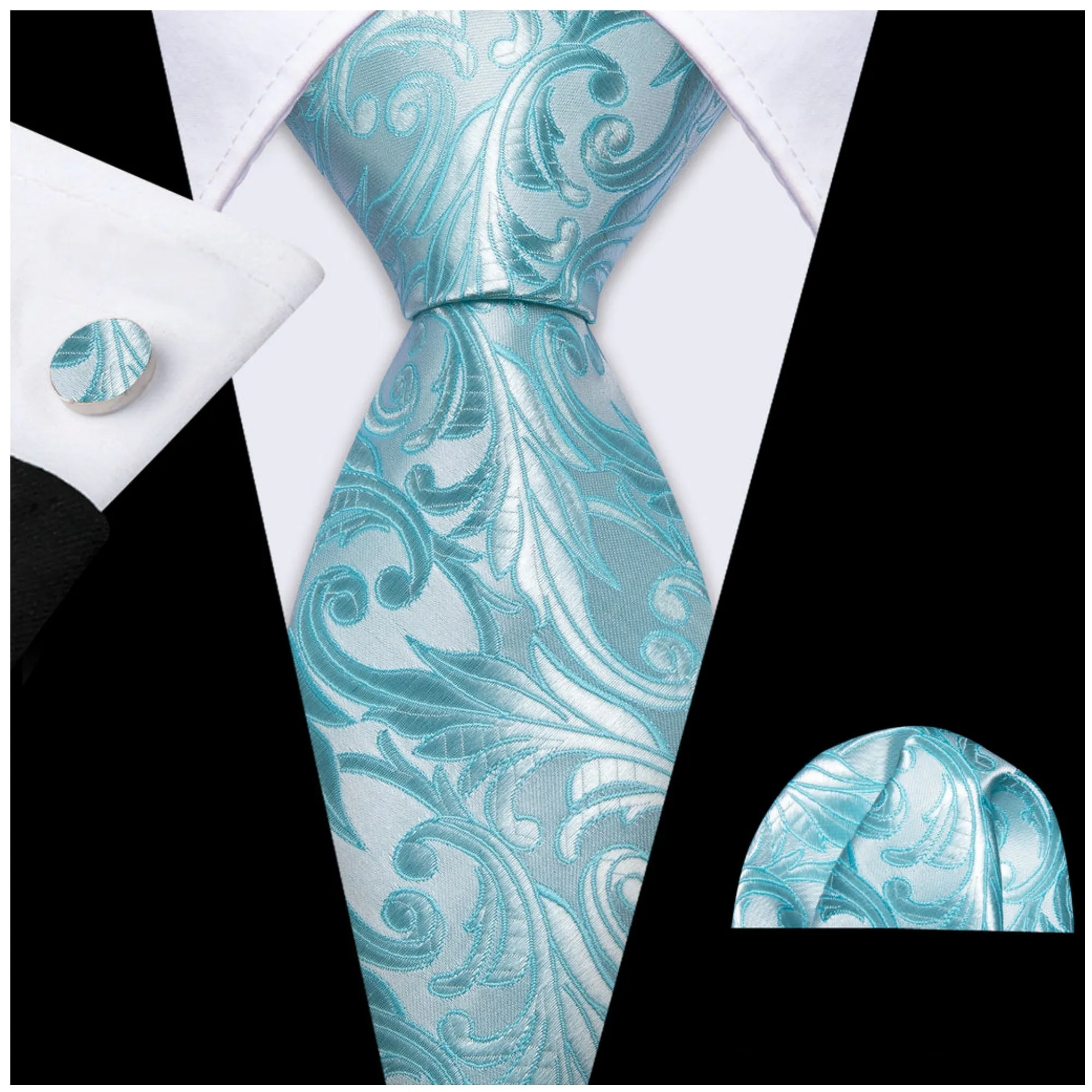 Men's Sea Foam Blue Floral 100% Silk Neck Tie With Matching Hanky And Cufflinks Set