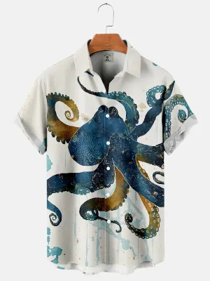 Men's Sea Life Octopus Ink Splatter Short Sleeve hawaiian Shirt