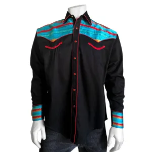 Men's Serape 2-Tone Embroidery Black & Turquoise Western Shirt