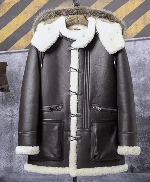 Mens Sheepskin Shearling Coat with Detachable Hood