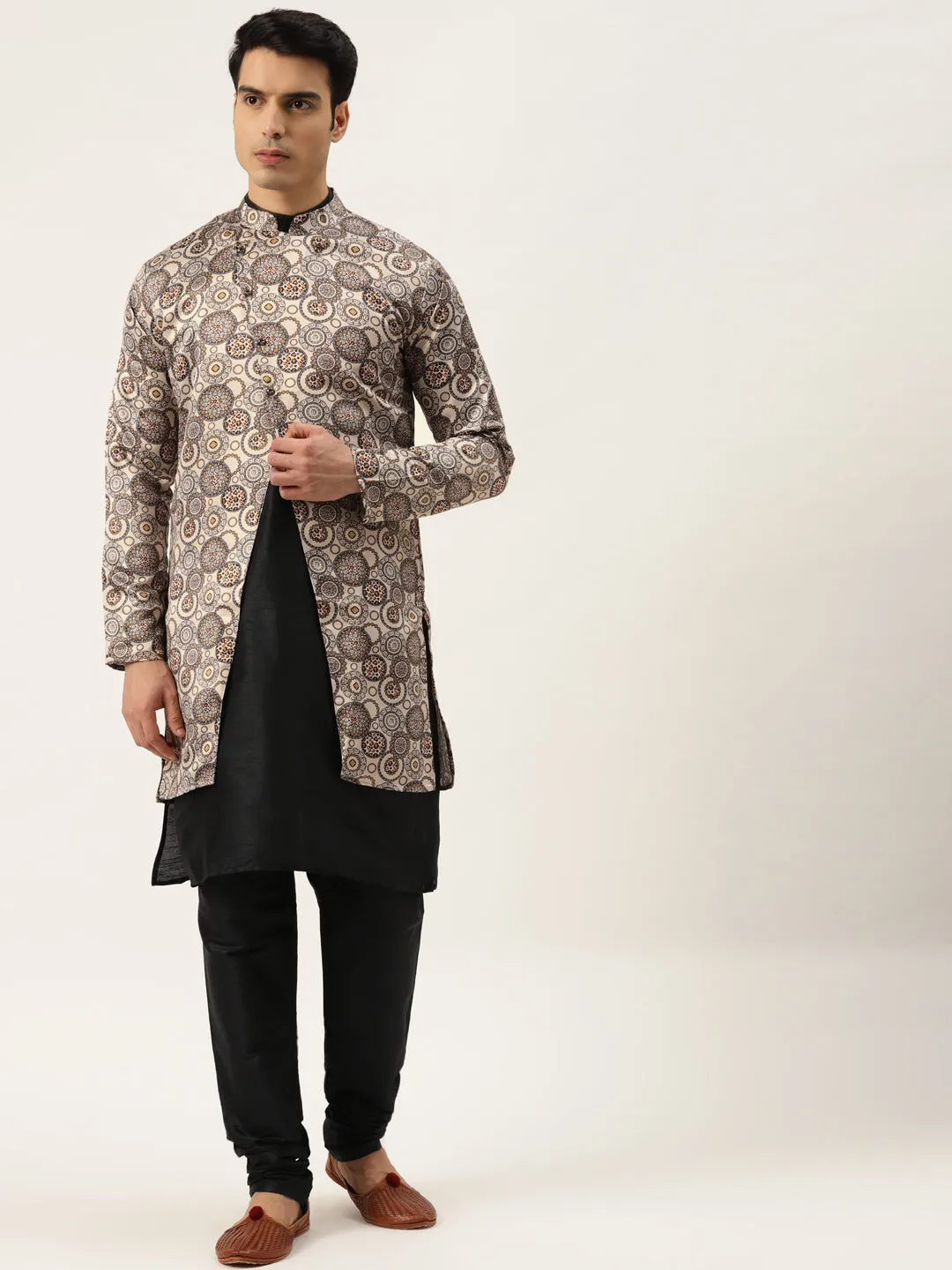 Men's Silk Blend Black Kurta Pyjama & Beige Sherwani Set - Sojanya