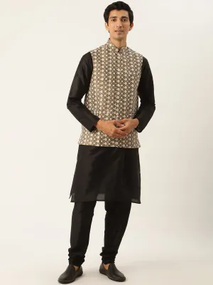 Men's Silk Blend Black Kurta Pyjama & Olive Nehrujacket Combo - Sojanya