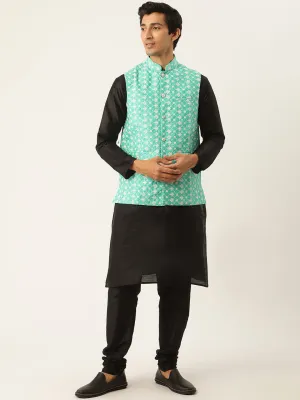 Men's Silk Blend Black Kurta Pyjama & Ramagreen Nehrujacket Combo - Sojanya