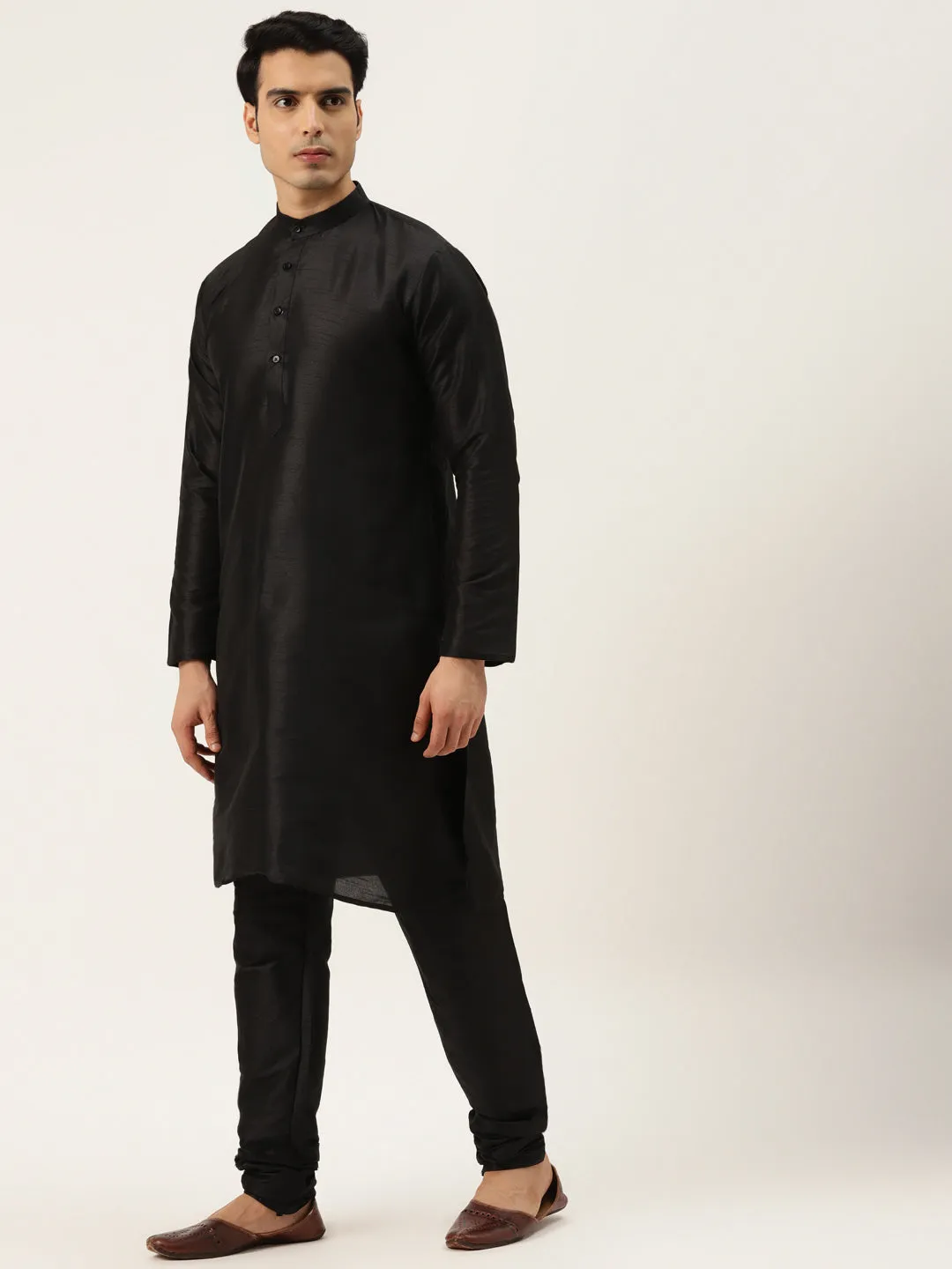 Men's Silk Blend Black Kurta Pyjama & Rust Sherwani Set - Sojanya