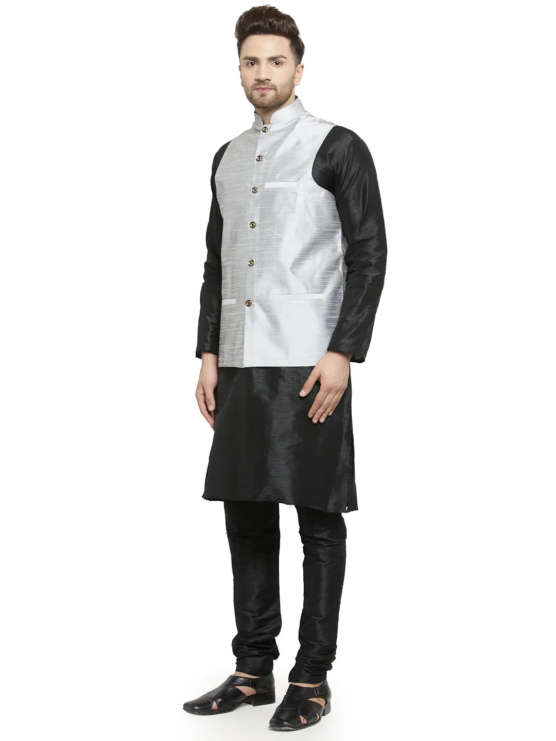 Men's Silk Blend Black Kurta With Pyjama & Grey Nehru Jacket - Benstoke