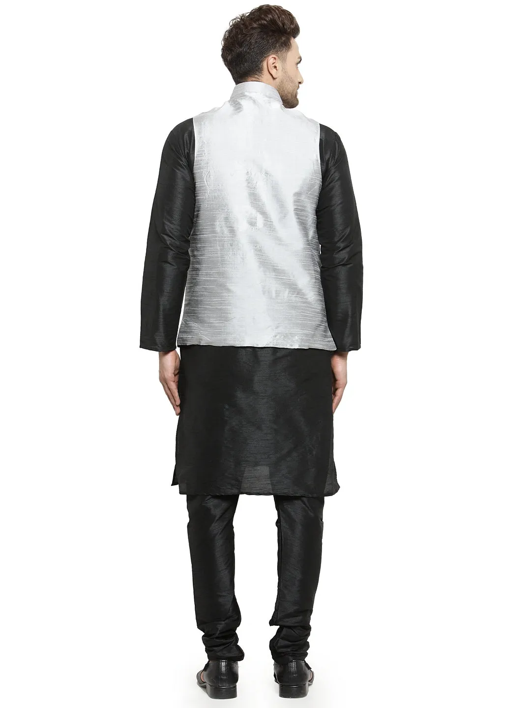 Men's Silk Blend Black Kurta With Pyjama & Grey Nehru Jacket - Benstoke