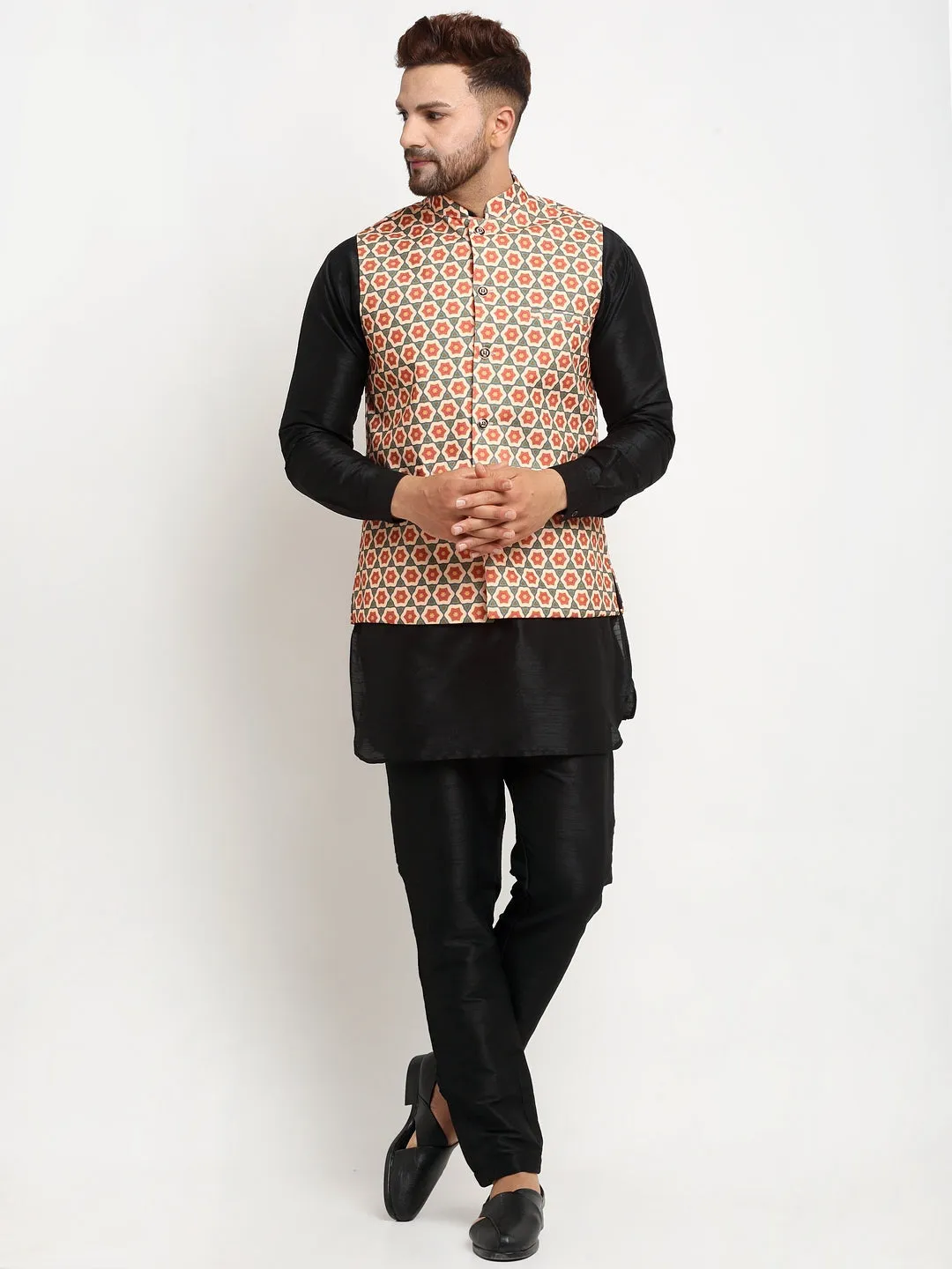 Men's Silk Blend Black Kurta With Pyjama & Olive Green Printed Nehru Jacket - Benstoke