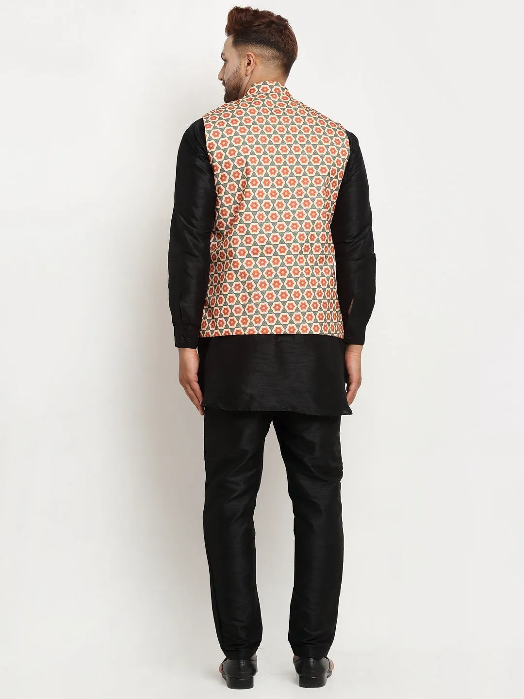 Men's Silk Blend Black Kurta With Pyjama & Olive Green Printed Nehru Jacket - Benstoke