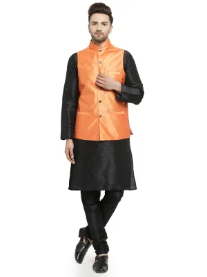 Men's Silk Blend Black Kurta With Pyjama & Orange Nehru Jacket - Benstoke