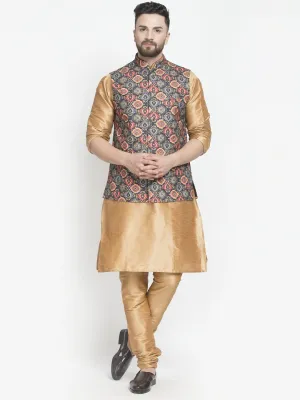 Men's Silk Blend Copper Kurta With Pyjama & Black Printed Nehru Jacket - Benstoke