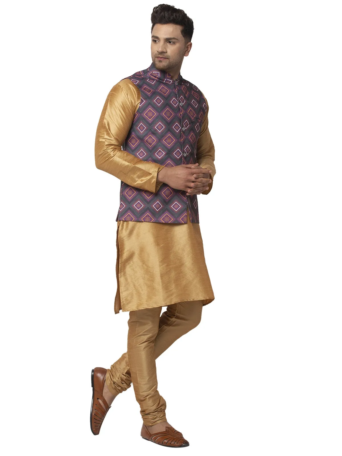 Men's Silk Blend Copper Kurta With Pyjama & Charcoal Grey Printed Nehru Jacket - Benstoke