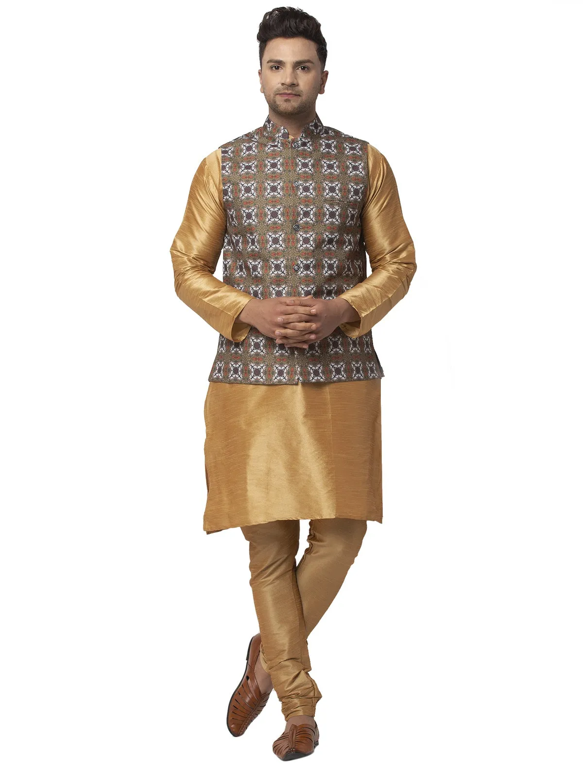 Men's Silk Blend Copper Kurta With Pyjama & Dark Green Printed Nehru Jacket - Benstoke