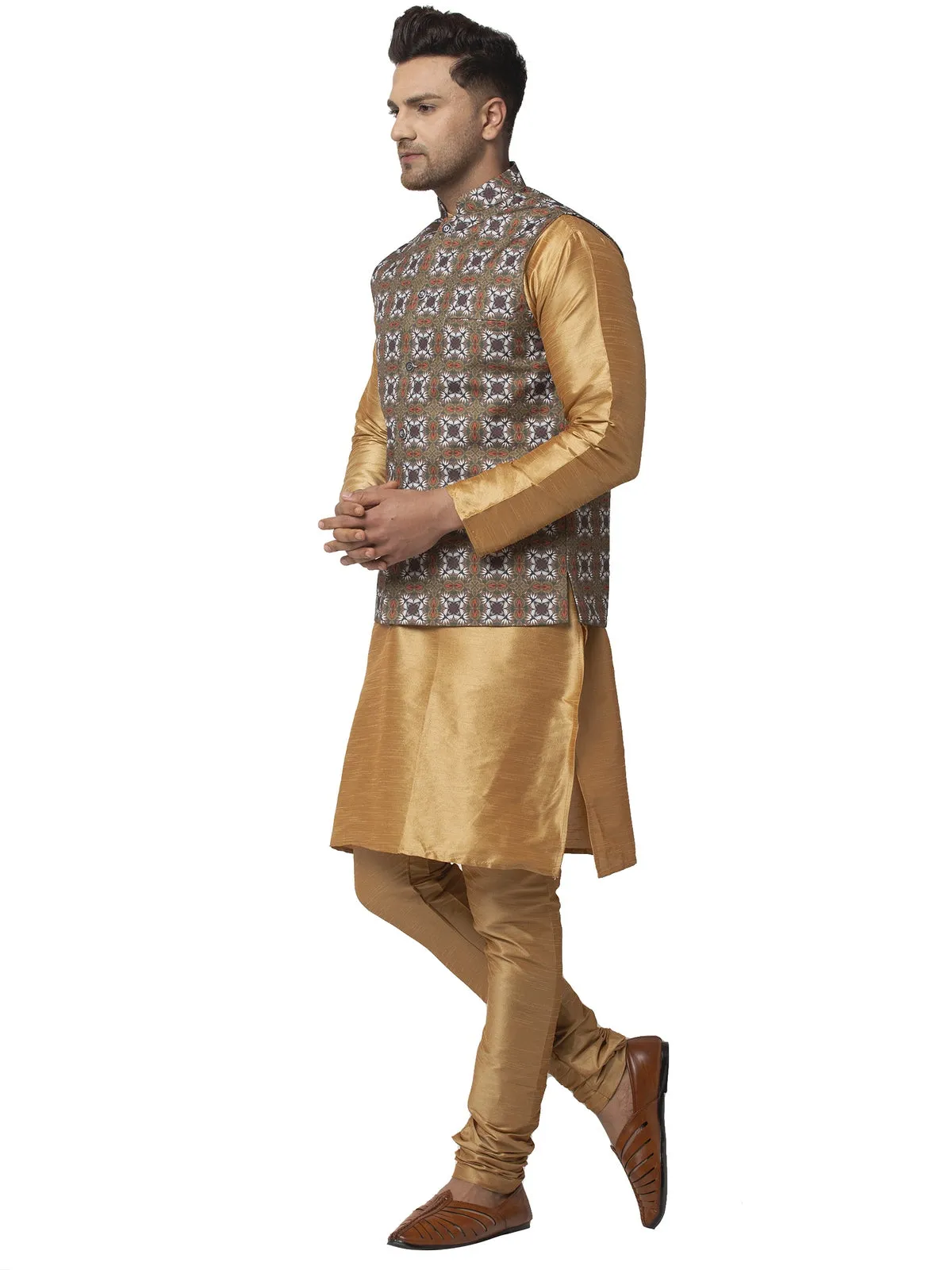 Men's Silk Blend Copper Kurta With Pyjama & Dark Green Printed Nehru Jacket - Benstoke