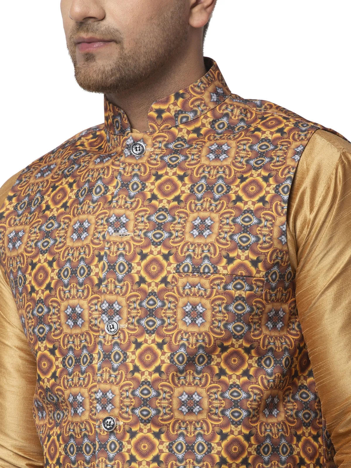 Men's Silk Blend Copper Kurta With Pyjama & Mustard Printed Nehru Jacket - Benstoke