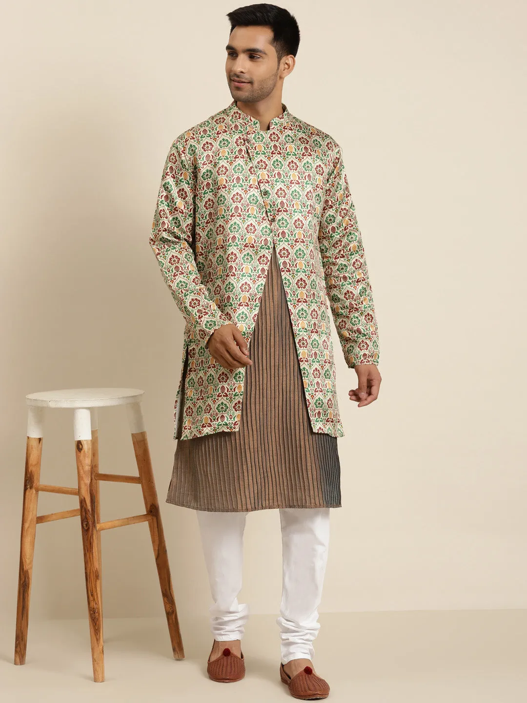 Men's Silk Blend Fawn ONLY Sherwani Jacket - Sojanya