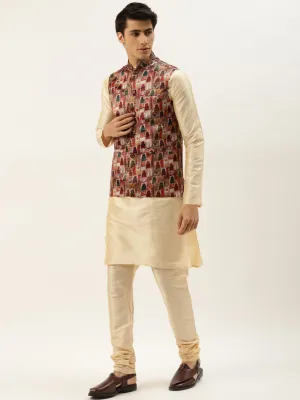 Men's Silk Blend Gold Kurta Pyjama & Magenta Nehrujacket Combo - Sojanya