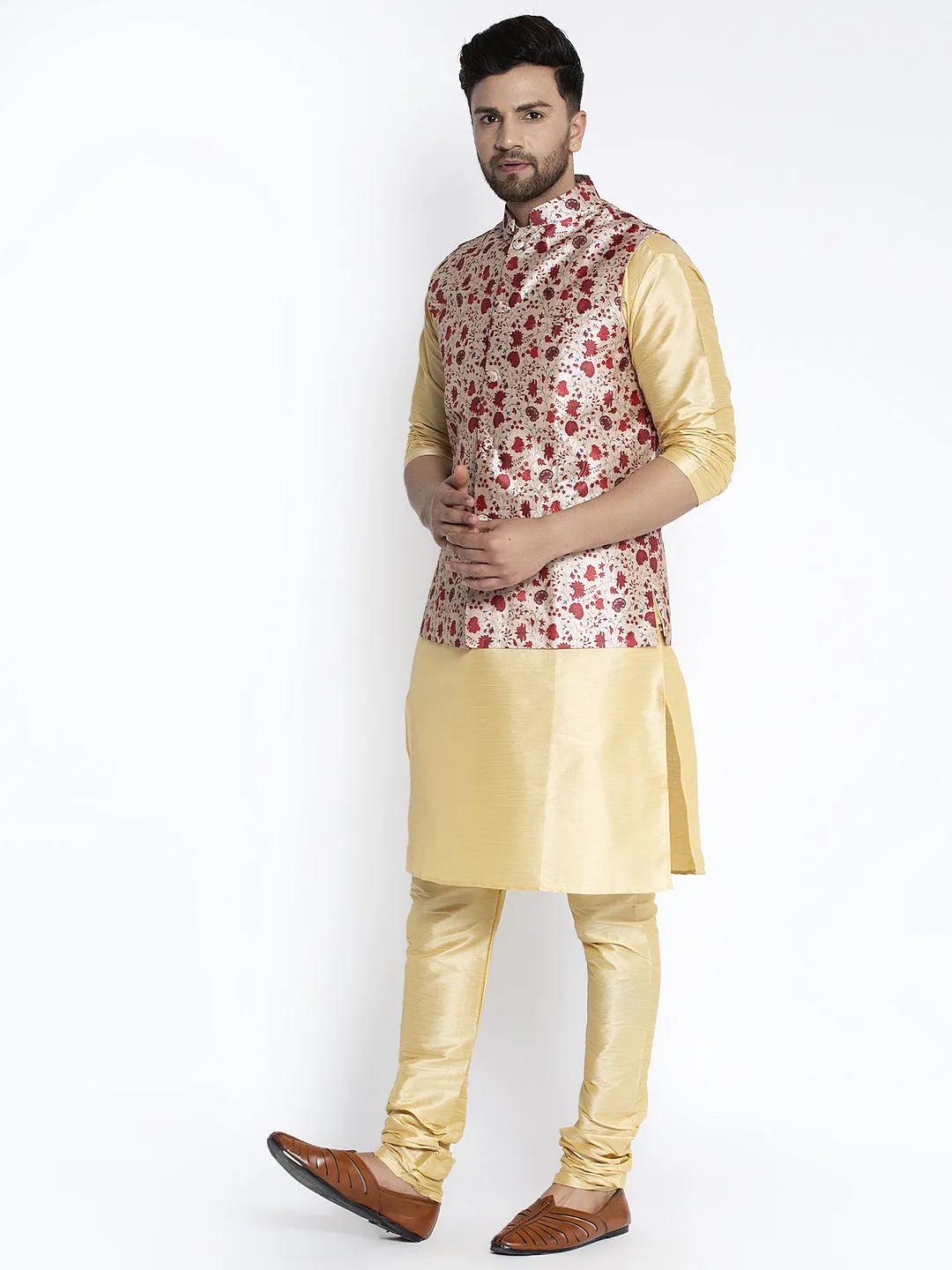 Men's Silk Blend Gold Kurta With Pyjama & Beige Printed Nehru Jacket - Benstoke