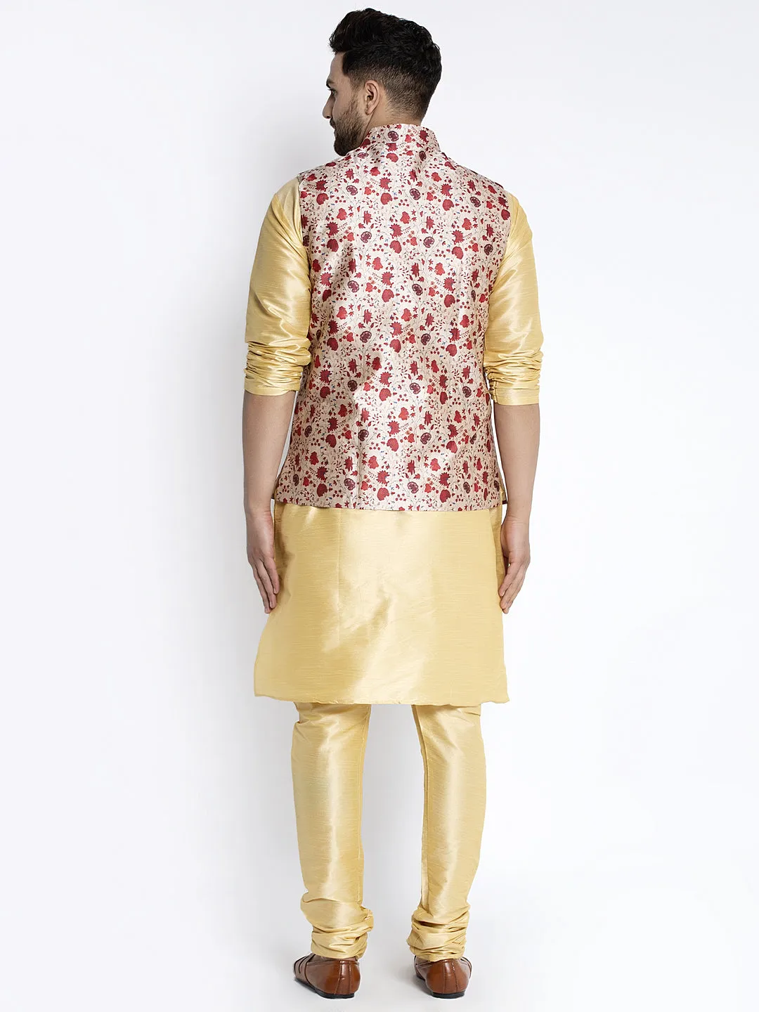 Men's Silk Blend Gold Kurta With Pyjama & Beige Printed Nehru Jacket - Benstoke