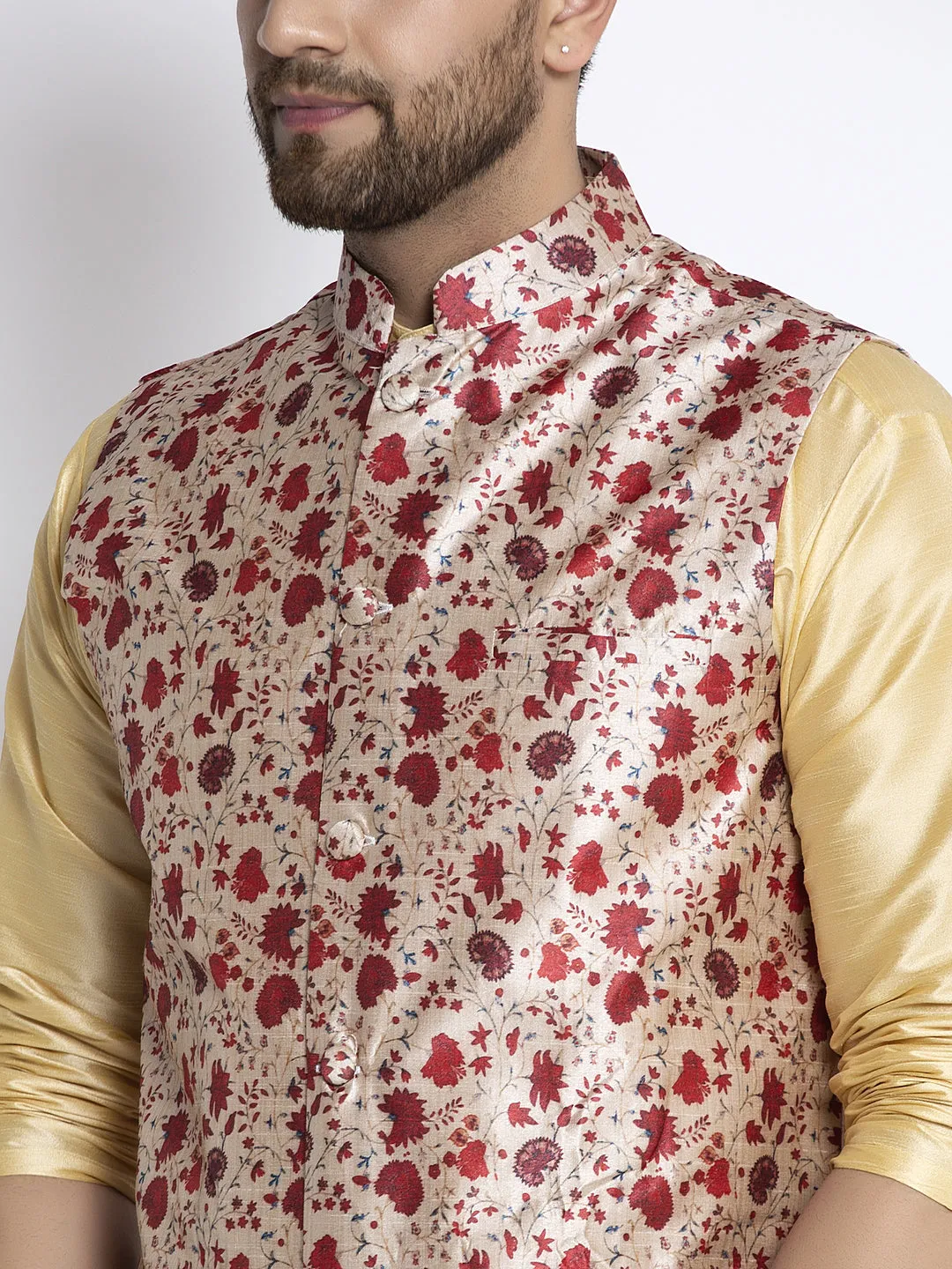 Men's Silk Blend Gold Kurta With Pyjama & Beige Printed Nehru Jacket - Benstoke