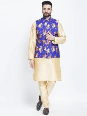 Men's Silk Blend Gold Kurta With Pyjama & Royal Blue Printed Nehru Jacket - Benstoke