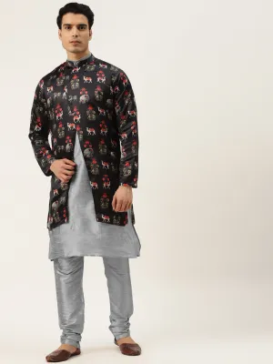 Men's Silk Blend Grey Kurta Pyjama & Black Sherwani Set - Sojanya