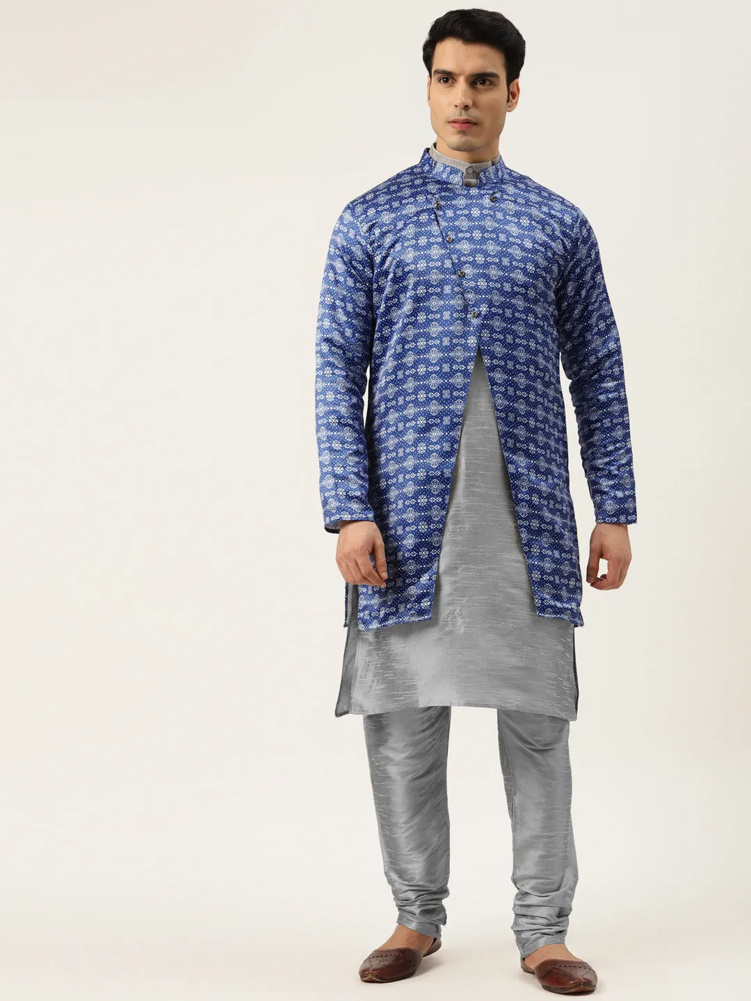 Men's Silk Blend Grey Kurta Pyjama & Blue Sherwani Set - Sojanya