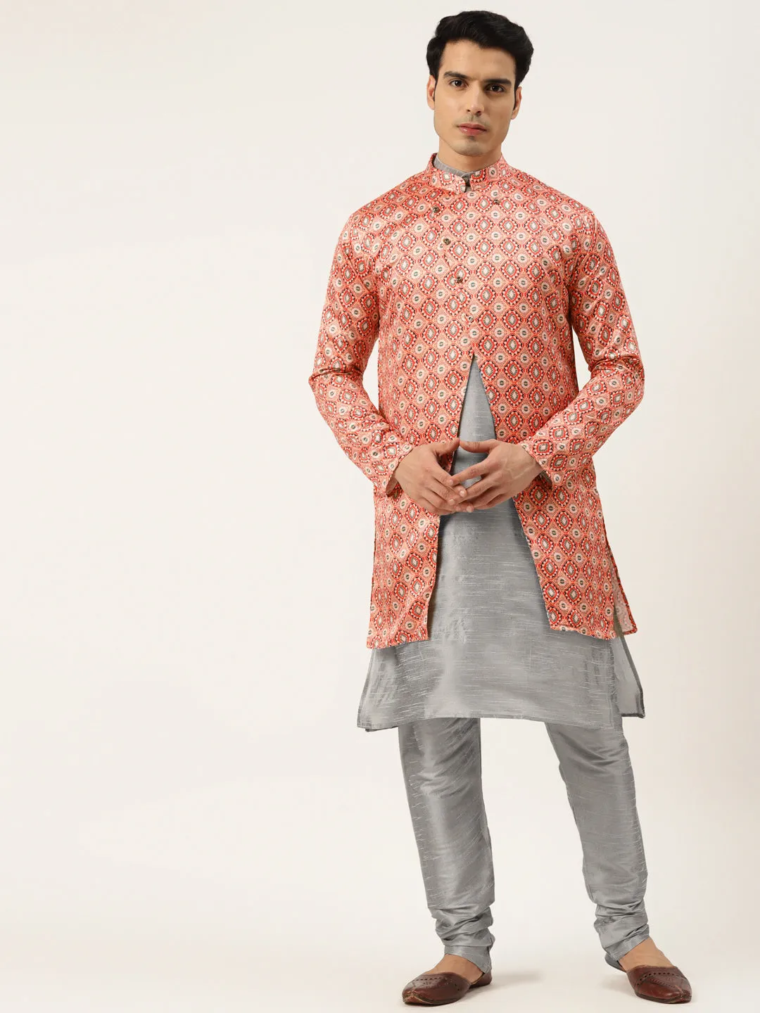 Men's Silk Blend Grey Kurta Pyjama & Peach Sherwani Set - Sojanya