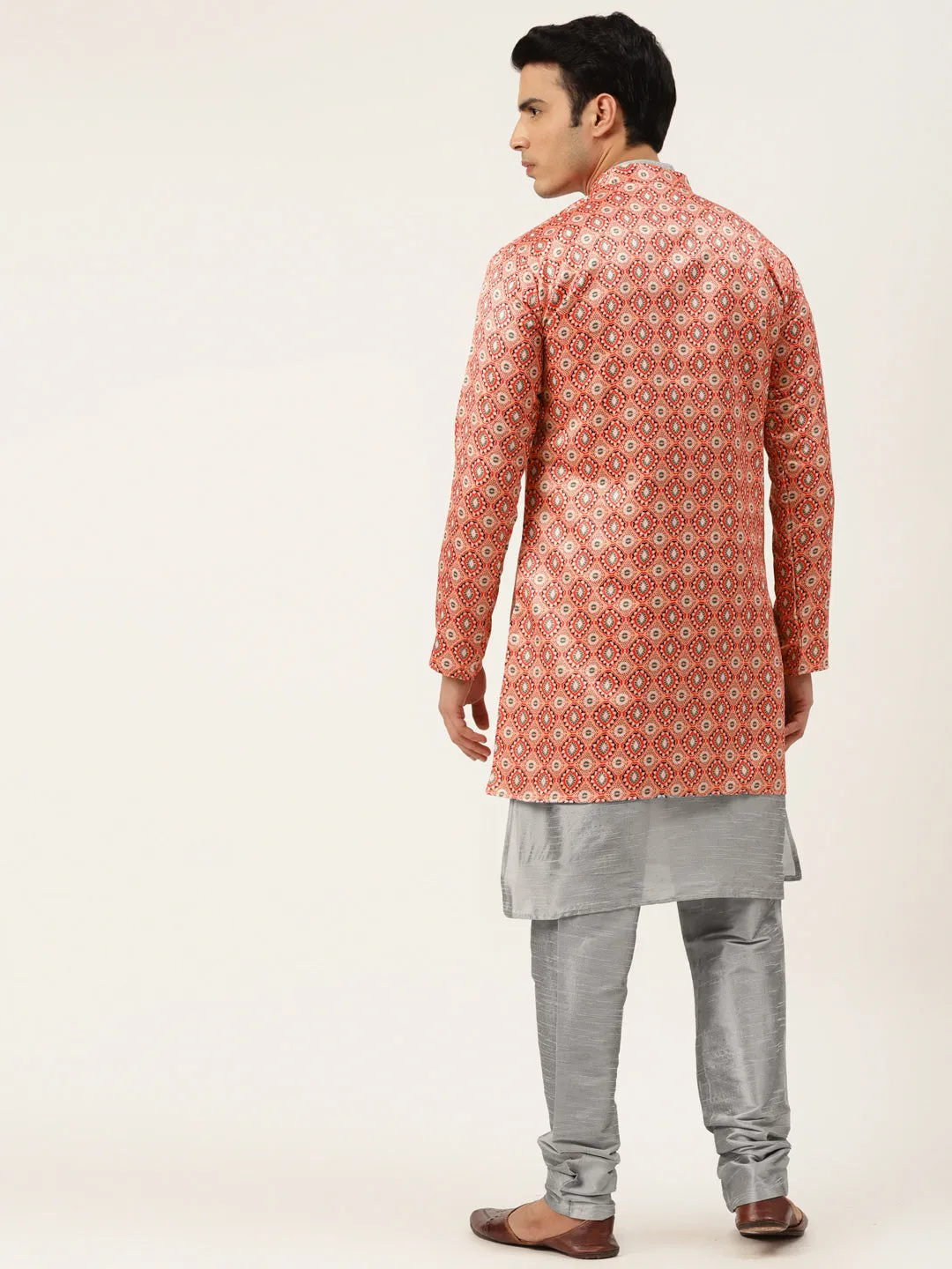 Men's Silk Blend Grey Kurta Pyjama & Peach Sherwani Set - Sojanya