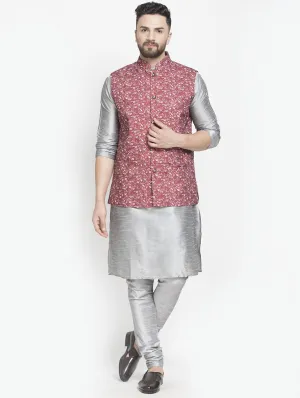 Men's Silk Blend Grey Kurta With Pyjama & Maroon Printed Nehru Jacket - Benstoke