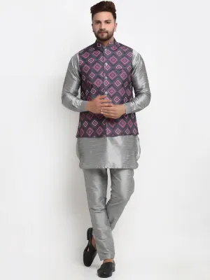 Men's Silk Blend Grey Kurta With Pyjama & Purple Printed Nehru Jacket - Benstoke