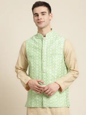 Men's Silk Blend Light Green Embroidered ONLY Nehrujacket - Sojanya