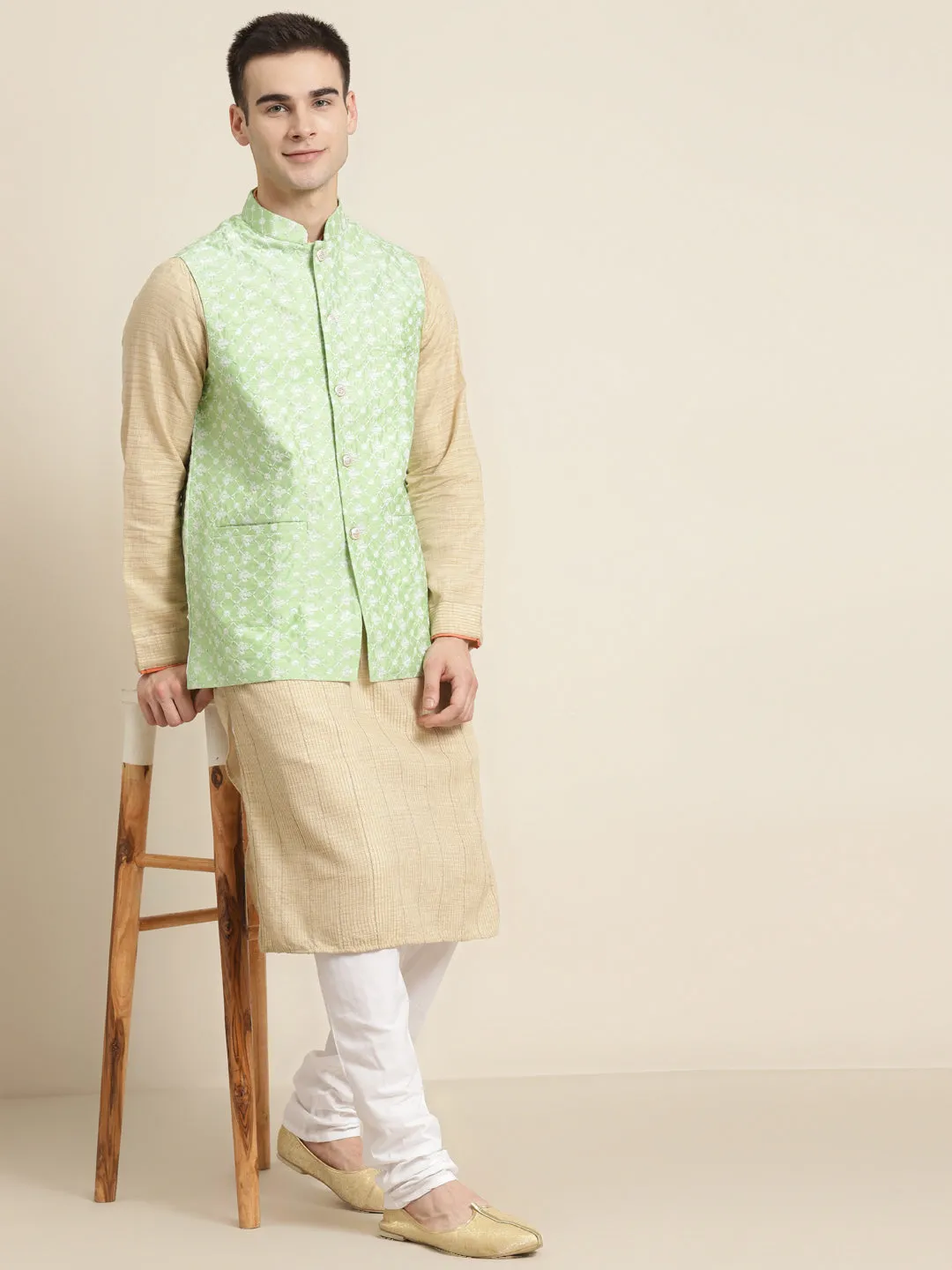 Men's Silk Blend Light Green Embroidered ONLY Nehrujacket - Sojanya